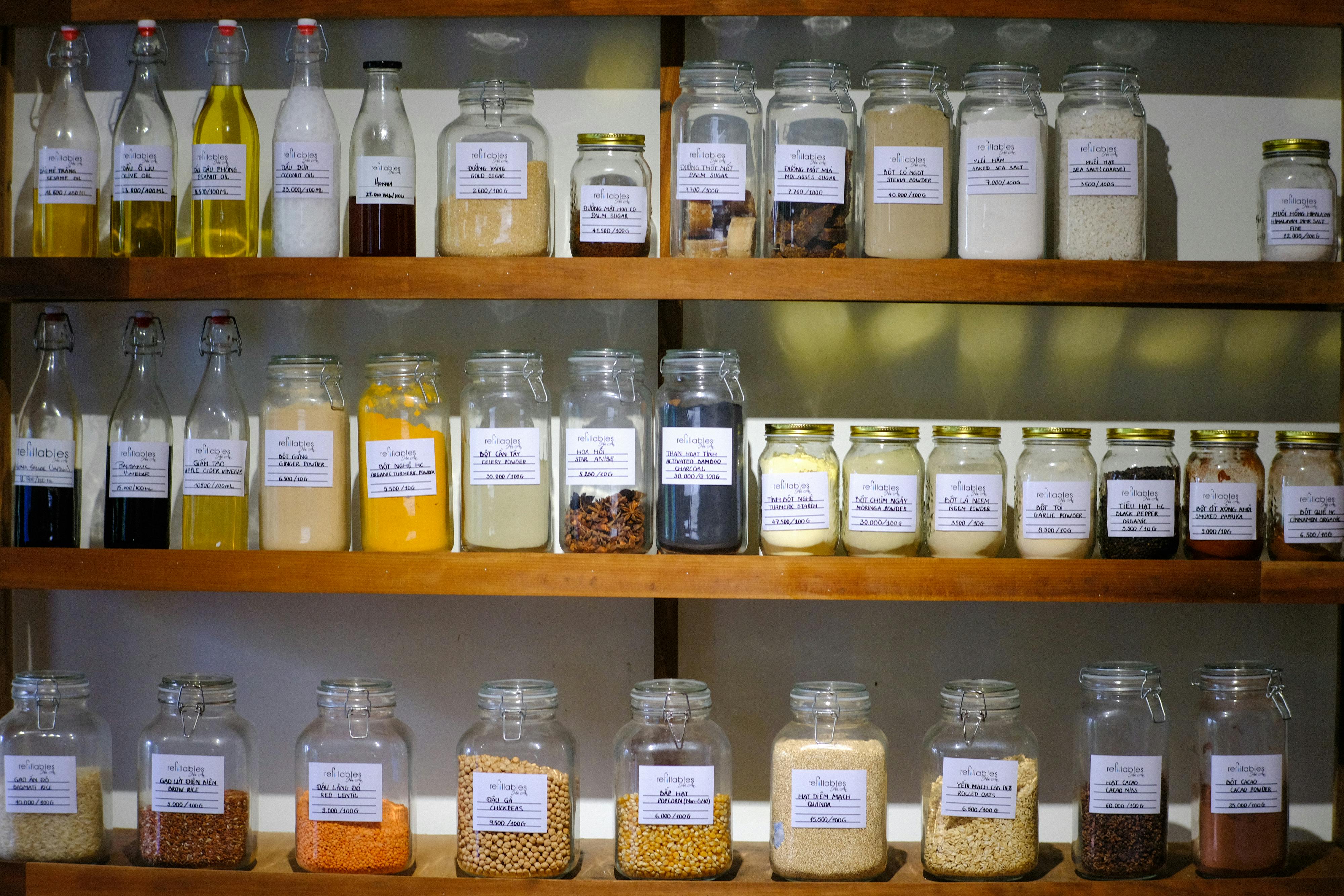 Asian pantry — spice jars and condiments on shelves